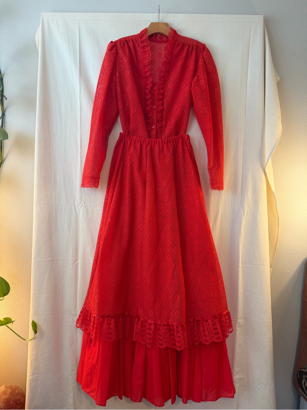 Beautiful True Vintage Red Long Sleeve Lace Maxi Skirt & Matching Blouse